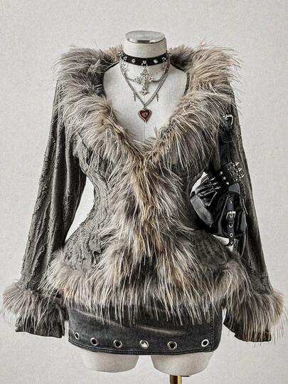 Sunspun Chaqueta larga de manga larga ajustada con parches de piel sintética de unicolor y minimalista sexy