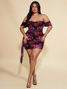 SHEIN BAE 大码女式紫色优雅露肩迷你连衣裙 - 紫色 - 查看 5