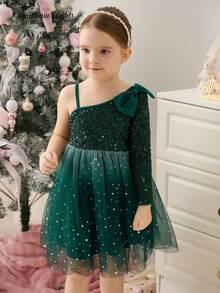 Glamorique Kids Vestido de fiesta elegante y glamoroso para niña con una sola manga de color verde oscuro con lentejuelas, lazo en la cintura, degradado de estrellas y lunas con brillo en malla multicapa - Verde Oscuro - Ver 1