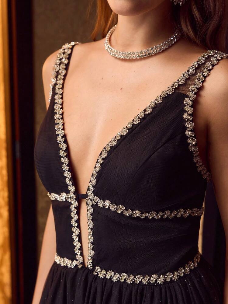 RHINESTONE DETAIL CONTRAST MESH DEEP V NECK COCKTAIL DRESS
