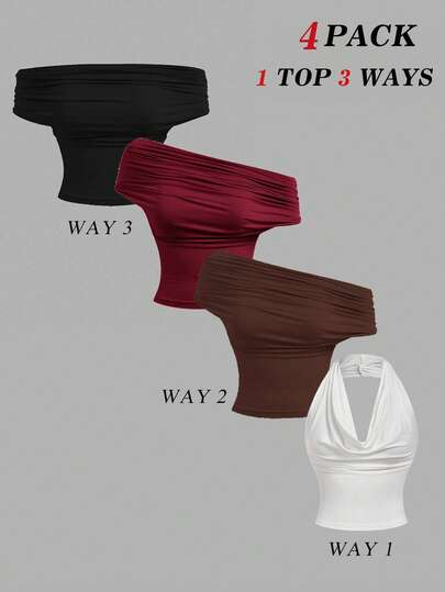 SHEIN MOD Set de 4 piezas Tops casuales de mujer de unicolor con ajuste ceñido que se pueden usar de 3 maneras diferentes: cuello de capucha, hombros descubiertos, estética, para festivales, campo, baile de graduación, lindos, otoño/invierno, ropa de mujer, Acción de Gracias