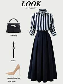 SHEIN Franclia 女士海军蓝条纹长袖衬衫+深蓝色腰部设计半身裙两件套，秋季 - 藏蓝色 - 查看 1