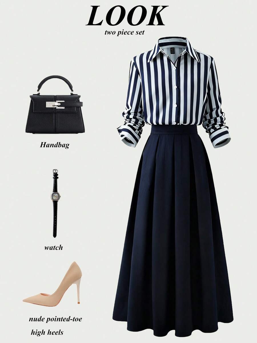 SHEIN Franclia 女士海军蓝条纹长袖衬衫+深蓝色腰部设计半身裙两件套，秋季 - 藏蓝色 - 查看 1