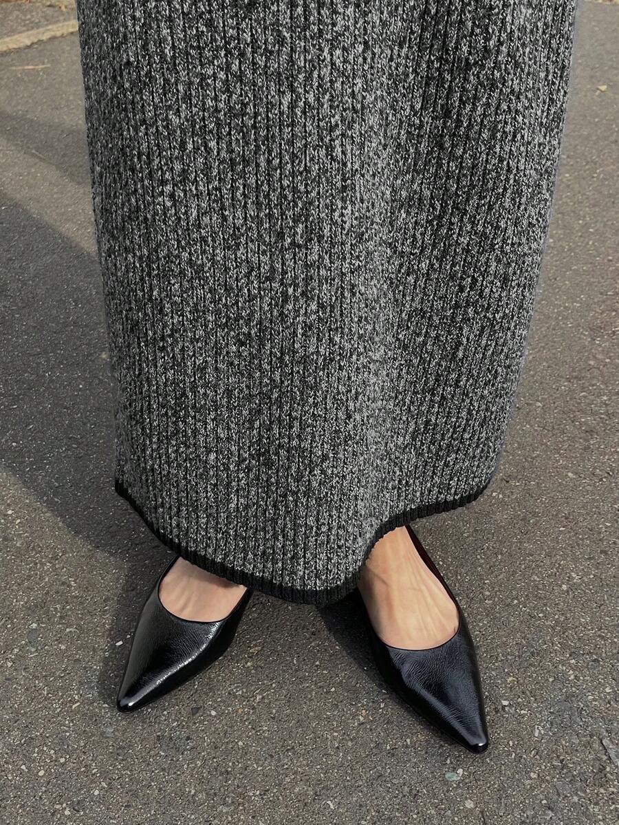 FRIFUL Váy len dệt kim dáng chữ H dài rộng thoải mái đa năng, họa tiết hoa màu tương phản, eo co giãn, họa tiết hoa màu xám, viền đen cho nữ, mùa thu/đông - Xám - Xem 1