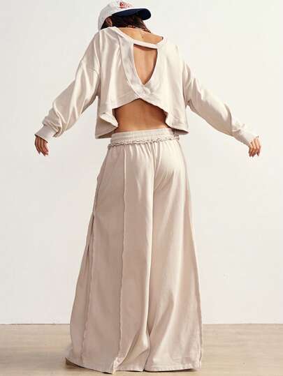 Bohemela 2pcs/Set Women Casual Solid Color Knit Long Sleeve Loose Sweatshirt & High Waist Loose Wide Leg Pants