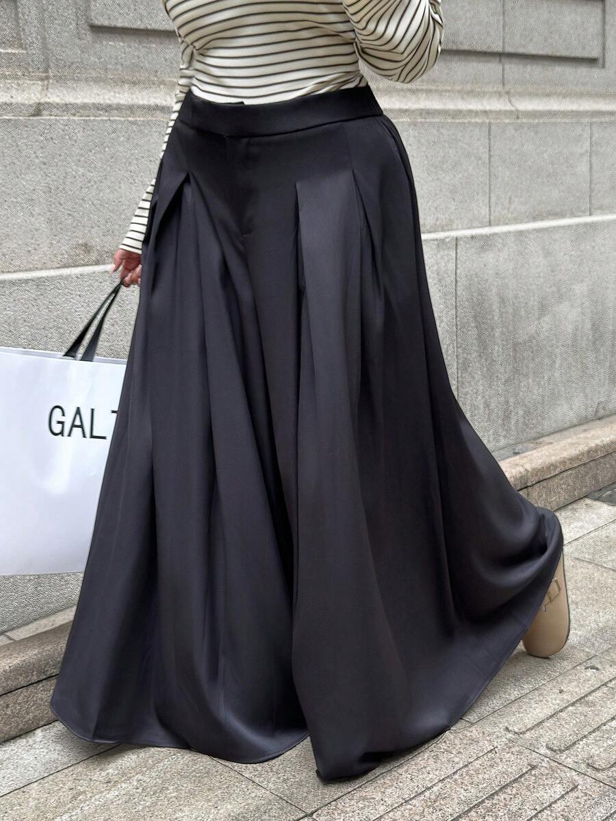 SHEIN EZwear 大码褶皱宽松裤，春/夏 - 黑色 - 查看 1