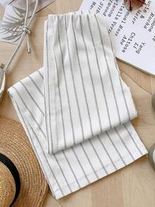 Elamini 复古白色女士休闲宽松条纹直筒裤，适合日常穿着、通勤和学院风。 - 白色 - 查看 3