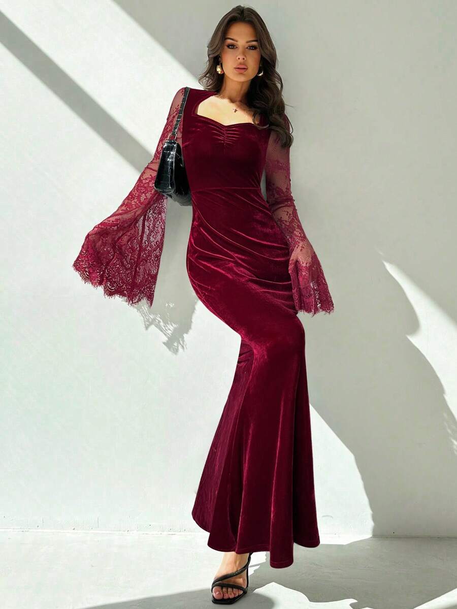 Firerie 哥特风优雅性感派对黑色甜心领蕾丝喇叭袖天鹅绒鱼尾连衣裙，适合万圣节、秋冬季节穿着。 - 酒紅色 - 查看 1