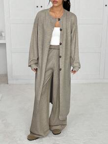 SHEIN EZwear Women's Casual Loose Fit Drop Shoulder Cardigan, Autumn/Winter,Fall,Fall Clothes For Women,Winter Clothes For Women - Khaki - View 3