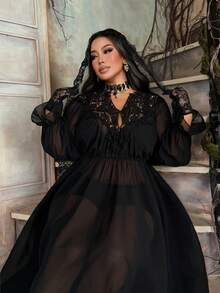 Lyrianda 复古法式黑色薄纱深V领性感连衣裙，蕾丝饰边领口和袖口，收腰设计，百搭上衣连衣裙 - 黑色 - 查看 3