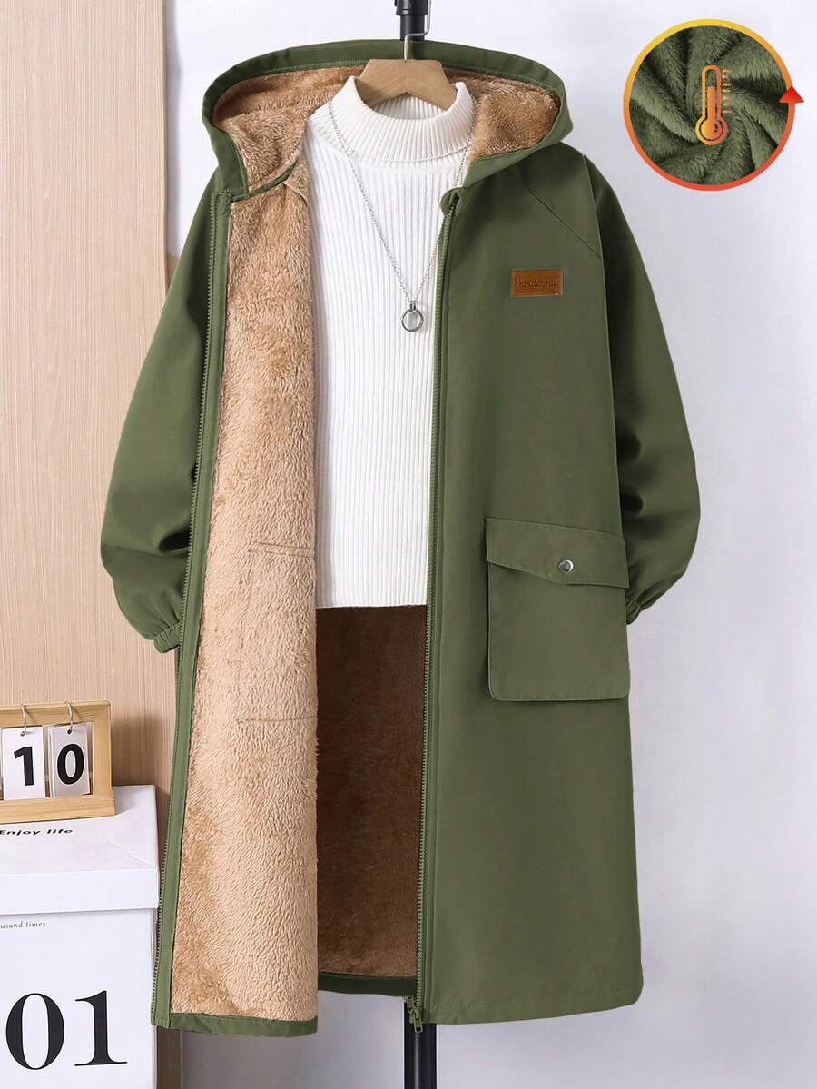 SHEIN 男童休闲保暖连帽中长款加厚梭织外套，适合上学、花园、海滩、生日等场合，春、夏、秋、冬皆宜。 - 軍綠色 - 查看 1