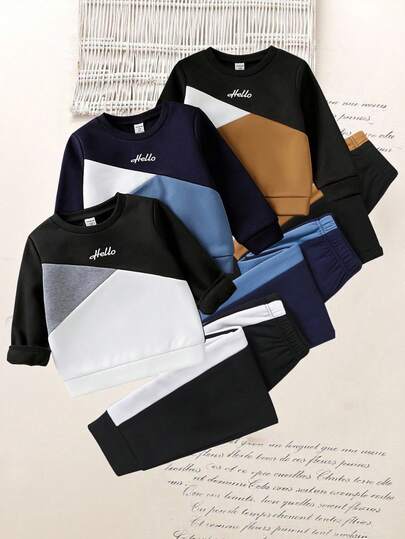 SHEIN 6pcs/Set Young Boy Casual Sports College Street Chic Tricolor Patchwork Sweatshirt + Pants, Suitable For Daily Wear, School, Outings, Sports, Spring & Autumn. Provides Multiple Matching Options For Little Boys, Increasing The Diversity Of Clothing Combinations. The Overall Design Is Simple And Generous, Comfortable And Fashionable To Wear. This Outfit Set Will Become A Practical And Stylish Choice In The Wardrobe Of Little Boys.