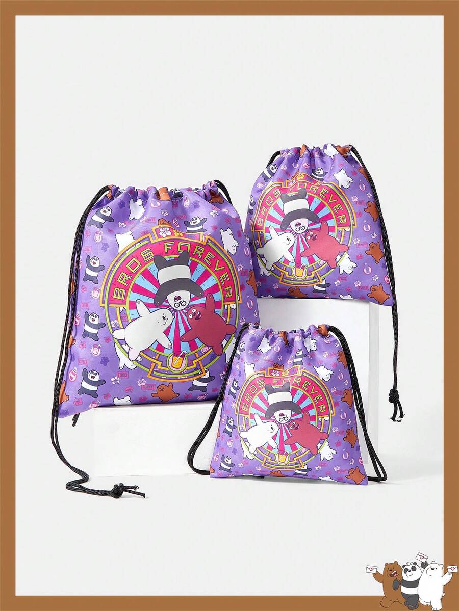 We Bare Bears X SHEIN Cartoon & Letter Print Travel Drawstring Bags, Multi-Size Storage Pouches - Violet Purple - View 1