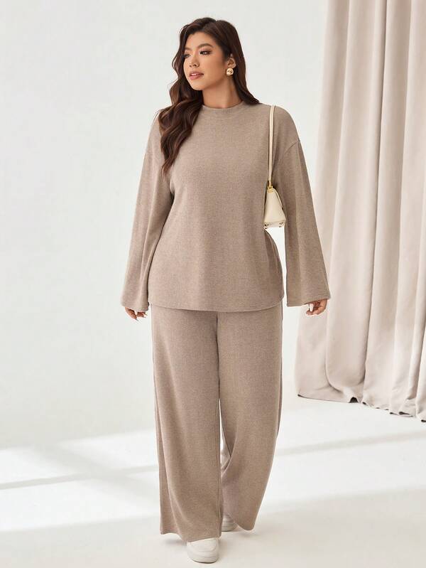 Auralis Plus-Size Women's Autumn/Winter Fashionable Casual Loose Comfortable Everyday High-Neck Long-Sleeved Business Suit With Wide-Leg Pants In Khaki,Fall Clothes,Airport Outfits,Simple Style,Pants Set