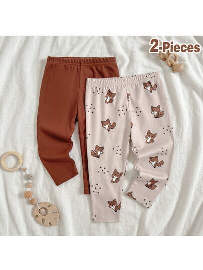 Loomiva Set de 2 pantalones elásticos de cintura suave con estampado de animales de dibujos animados para bebé niño