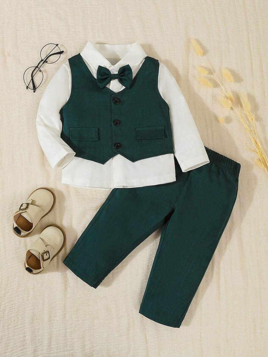 3 pezzi Completo elegante da bambino maschio: Camicia a maniche lunghe in maglia bianca con colletto e fiocco, Gilet monopetto, e Pantaloni casual in vita elastica, Abbigliamento elegante e di stile adatto per feste di compleanno, feste di Natale, battesimi, 1° compleanno, eventi formali, spettacoli, matrimoni, festa di nascità, primavera e autunno