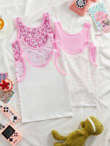 5pcs/Pack Girls' Cute & Sweet Long Bowknot Pattern Comfortable Camisole Set, Pink Tones - Multicolor - View 2