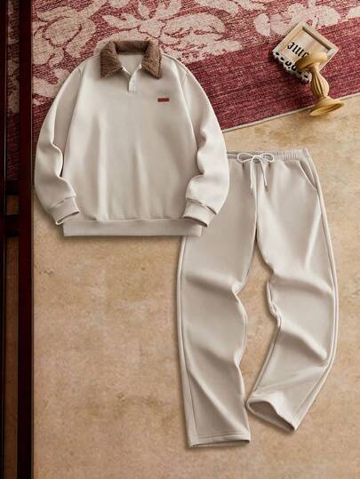 HIMLAND 男士休闲日常通勤百搭撞色抓绒 Polo 领套头衫卫衣搭配抽绳腰带抓绒运动裤套装，秋冬款