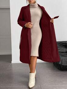 Juhart معطف طويل أنيق وعملي ذو أزرار مزدوجة بلون واحد مقاس كبير - الأحمر - مشاهدة 7