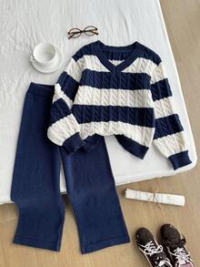 Sparklyn 青少年女孩 V 领时尚蓝白拼色宽条纹针织毛衣和宽松羊毛编织长裤，适合日常外出、度假聚会、秋冬季节 - 藏蓝色 - 查看 1