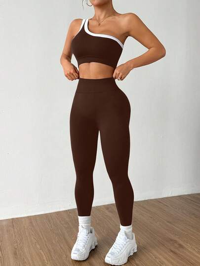 Dewbera Conjunto deportivo para mujer con camiseta de yoga sin costuras de un solo hombro, con elevación de glúteos y alta elasticidad