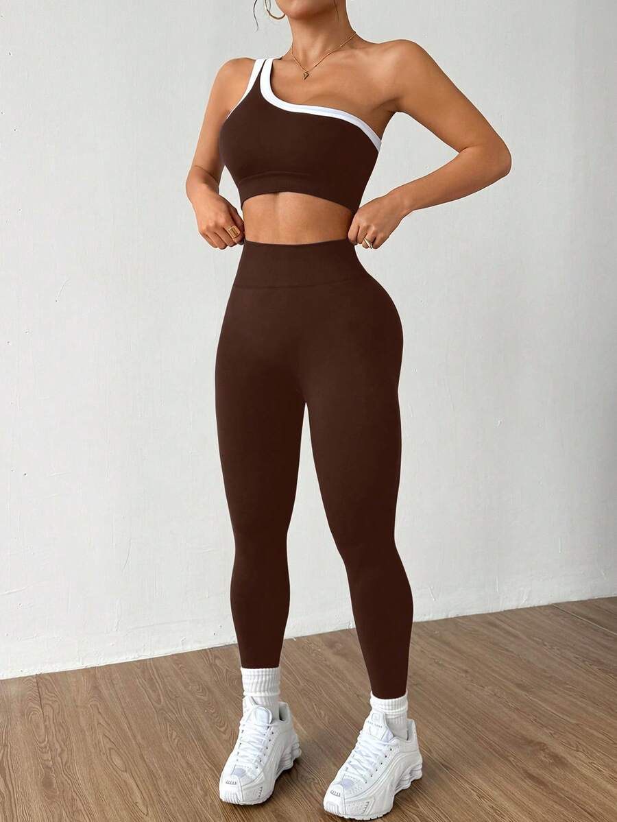 Dewbera Bộ đồ thể thao nữ liền mạch nâng mông một bên vai tập yoga co giãn cao - Cà phê nâu - Xem 1