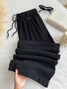 SHEIN EZwear 大码深灰色羊毛保暖柔软休闲抽绳宽松裤 - 黑色 - 查看 7