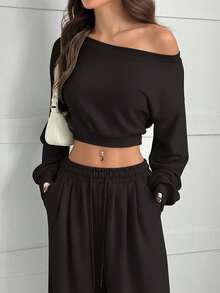 SHEIN EZwear Off Shoulder Cropped Sweatshirt & Sweatpants Set - Coffee Brown - View 4