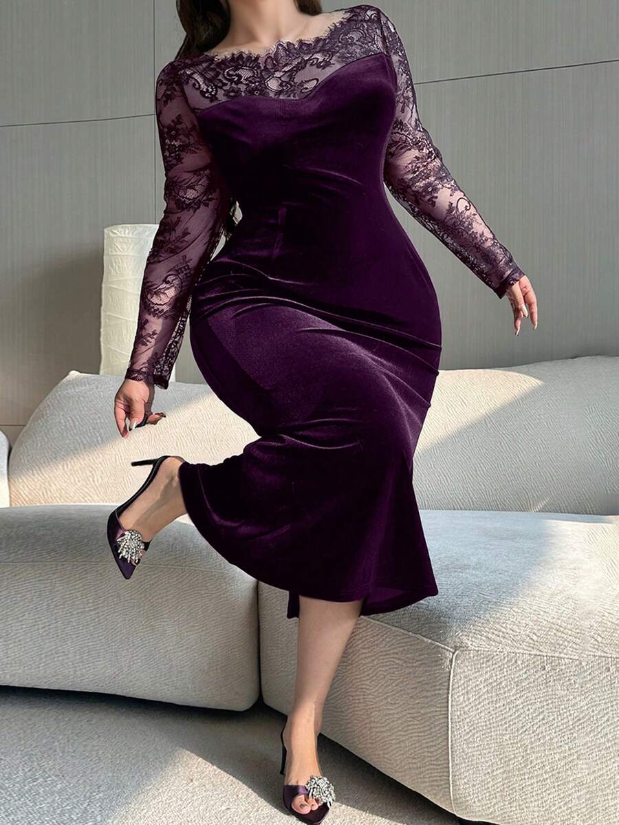 Dazy Plus 大码女士丝绒撞色蕾丝紧身派对连衣裙，性感弹力，适合约会、优雅场合和舞会。 - 紫色 - 查看 1