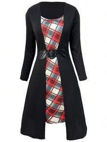 Sweetra Vestido de parchwork de jacquard de punto a cuadros de talla grande, otoño/invierno - Negro - Ver 1