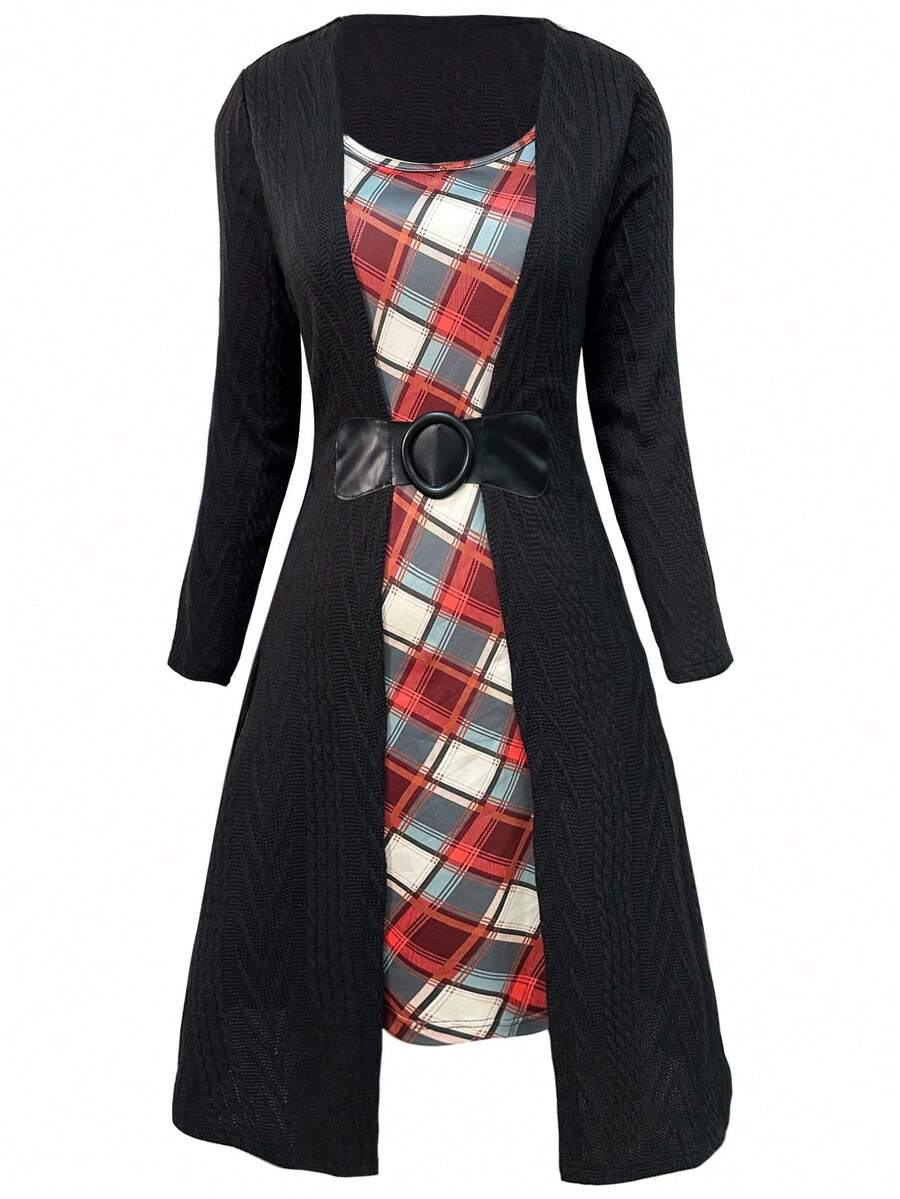 Sweetra Vestido de parchwork de jacquard de punto a cuadros de talla grande, otoño/invierno - Negro - Ver 1