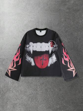 Maglietta a maniche lunghe con scollo a girocollo, stampa a denti di fiamma, vestibilità morbida, per uomo