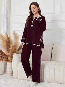 Modelyn Women's Black Stand Collar Half Zip Hoodie With Letter Patch, Loose Casual Two Pieces Set, Suitable For Autumn/Winter - Burgundy - View 3