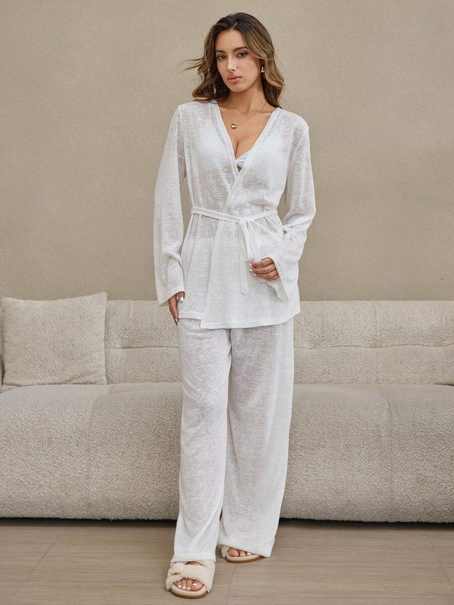 HautHeat 女士纯色上衣和裤子睡衣套装，秋冬服装 - 白色 - 查看 1