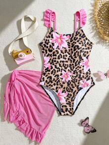 SHEIN Tween Girl Cute Leopard Print Shoulder Strap Ruffle Design Skirt One-Piece Swimsuit, Suitable For Swimming, Vacation, Summer Beach - Baby Pink - View 3