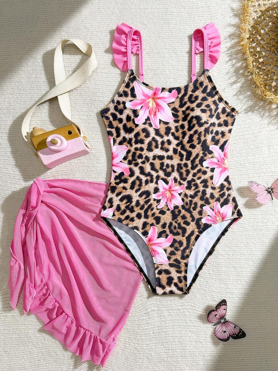 SHEIN Váy liền thân thiết kế xếp nếp họa tiết da báo dễ thương cho bé gái tuổi teen, thích hợp để bơi lội, đi nghỉ, đi biển mùa hè - Màu Hồng baby - Xem 1