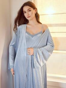 MOTF PREMIUM BLUE LACE PATCHWORK ARGYLE VELVET SLEEP SLIP DRESS & BELTED ROBE PAJAMA SET - Blue - View 1