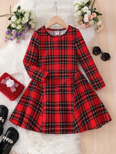 SHEIN Young Girls Red Plaid French Elegant Long Sleeve Dress, Suitable For Christmas, Casual & Daily Wear & School In Autumn & Winter Fall Clothes For Young Girl Fall Outfits Fall Dresses Halloween Homecoming Dress Hoco Dressses Wedding Dresses Christmas Clothes Red Dress