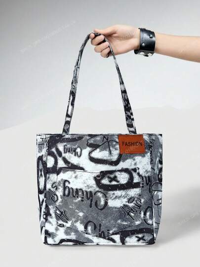 ROMWE Grunge Punk Bolso de lona con asa de hombro, bolso grande de gran capacidad, nueva moda versátil para mujer, bolso de hombro con estampado de graffiti, bolso de estudiante universitario, bolso escolar y mochila para mujeres o estudiantes, perfecto para libros, compras, vuelta al colegio y talla grande, bolsos de mano para mujeres, artículos esenciales para la universidad