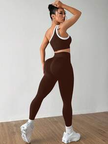 Dewbera Bộ đồ thể thao nữ liền mạch nâng mông một bên vai tập yoga co giãn cao - Cà phê nâu - Xem 2