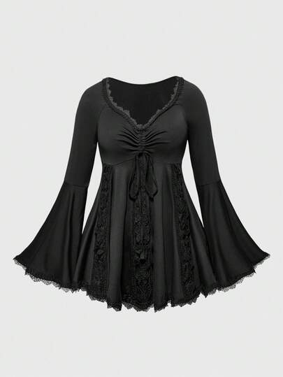 Goth Chemise à manches évasées avec dentelle vintage et découpes ajourées pour femmes, top style Renaissance pour Halloween