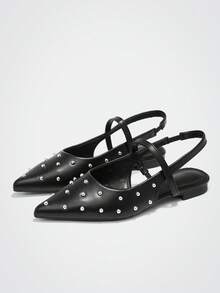 女士尖头铆钉设计休闲平底鞋 - 黑色 - 查看 2
