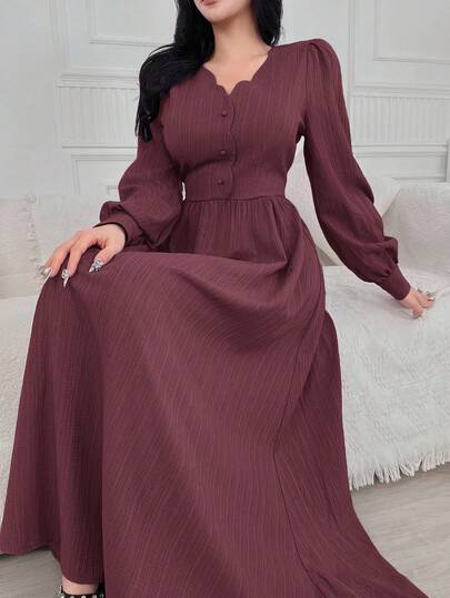 Feyla 女式纯色V领前扣优雅长袖连衣裙