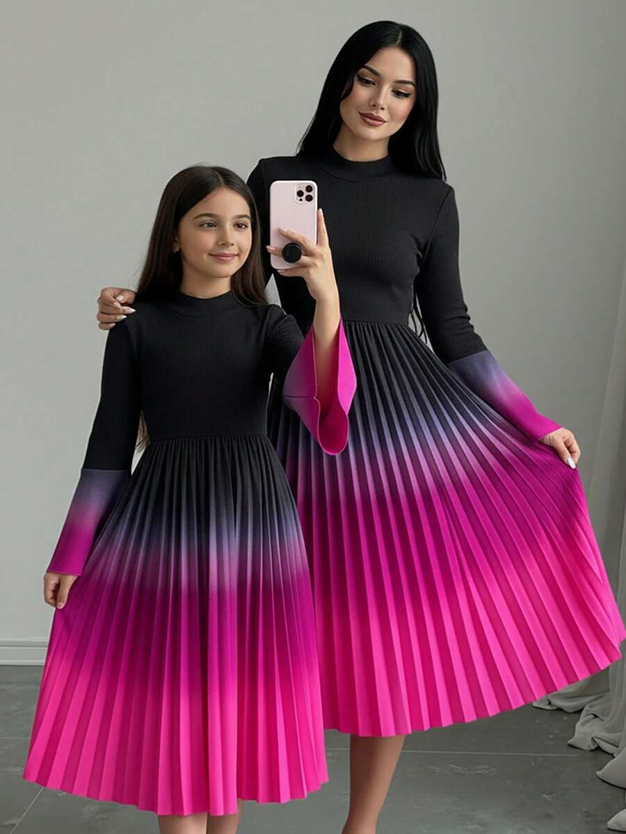 Sparklyn Teen GirlLong Sleeve Gradient Pleated Black & Pink Dress