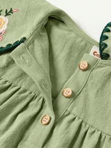 Cozy Pixies Baby Girl Floral Embroidered Sleeveless Dress With Sailor Collar And Front Buttons