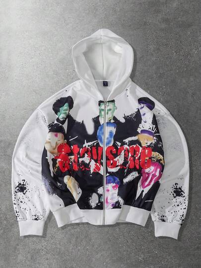 sweat-shirt à capuche zippé avec impression de portrait flou, style de rue rétro pour hommes