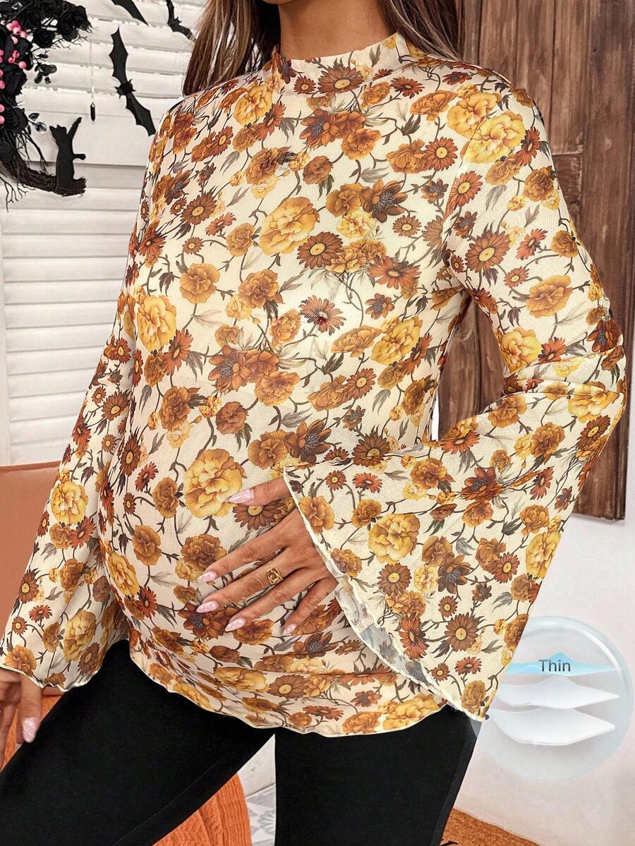 SHEIN Maternity Floral Print Stand Collar Long Flare Sleeve Casual T-Shirt - Yellow - View 1
