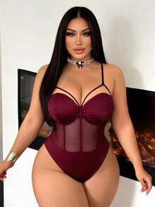 SHEIN SXY 大码女士性感酒红色吊带网纱拼接紧身胸衣连体衣，适合街头、休闲、性感、日常旅行、购物、约会等场合，清爽舒适，易于搭配，显瘦，凸显身材，修饰身形。 - 酒紅色 - 查看 3