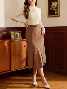 Vintamour Vintage Classic Elegant Women's Skirt, , Fitted Waist Belt, Mermaid Hem Pencil Skirt, Coffee Color Long Skirt,, Clothes For Women, Clothes For Women Spring Festival Outfits For Women - Camel - View 8