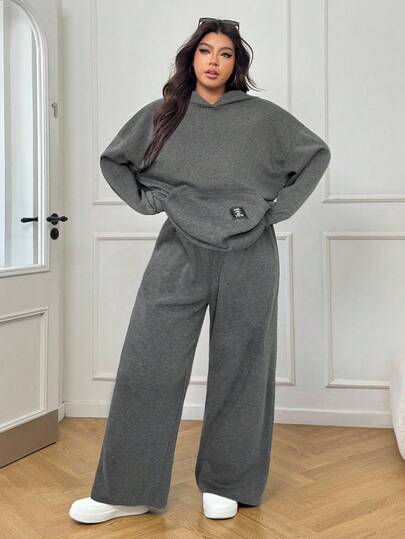 Solflare Thermal Lined And Thickened 2pcs Plus Size Dark Grey Hoodie Sweatshirt And Jogger Pants Set, Autumn/Winter